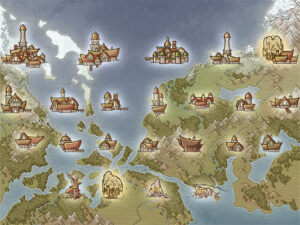 Fantasy world map featuring floating temple islands, scattered across a mythical sea. Perfect for arcane civilizations, lost magical orders, or divine realms adrift between continents.