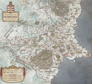 Detailed fantasy map of the Crownlands under the reign of King Strane. Features political borders, roadways, and noble keeps—ideal for kingdom intrigue, civil war campaigns, or baronial drama.