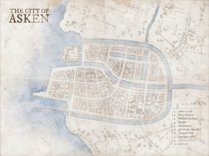 Winter-themed fantasy map of Asken, a coastal city with harbors, markets, and fortified walls. Ideal for icy trade campaigns, wintry intrigue, or seasonal events in a northern metropolis.