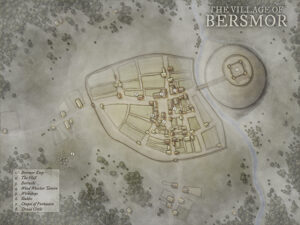 Hilltop village map with a fortified keep, circular druid grove, and clustered homes. Designed for small-town politics, ancient traditions, or hidden secrets beneath the surface.