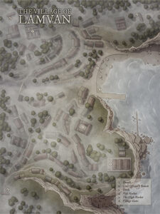 Fog-covered village map of Lamvan, nestled along a rocky coastline. Designed for eerie investigations, cursed town encounters, or ghostly seaside legends.