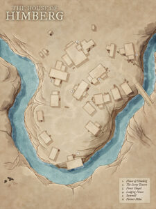 Hill village map along a river bend, featuring scattered homes, a tavern, and chapel. Excellent for rural narratives, small feuds, or family-driven drama in a secluded community.