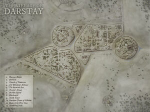 Fantasy village map of Darstay with fortified circles, manor grounds, and old ruins. Ideal for rural intrigue, frontier mysteries, or druidic lore among ancient structures.