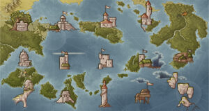 Colorful world map showing a scattered archipelago filled with mystical towers, island fortresses, and arcane observatories. Perfect for wizard guild wars, magical exploration, or a tower-hopping campaign.