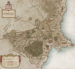 Highly detailed political map of the Crownlands, featuring borders, roads, cities, and forests. Excellent for realm-spanning campaigns, noble politics, and war planning.