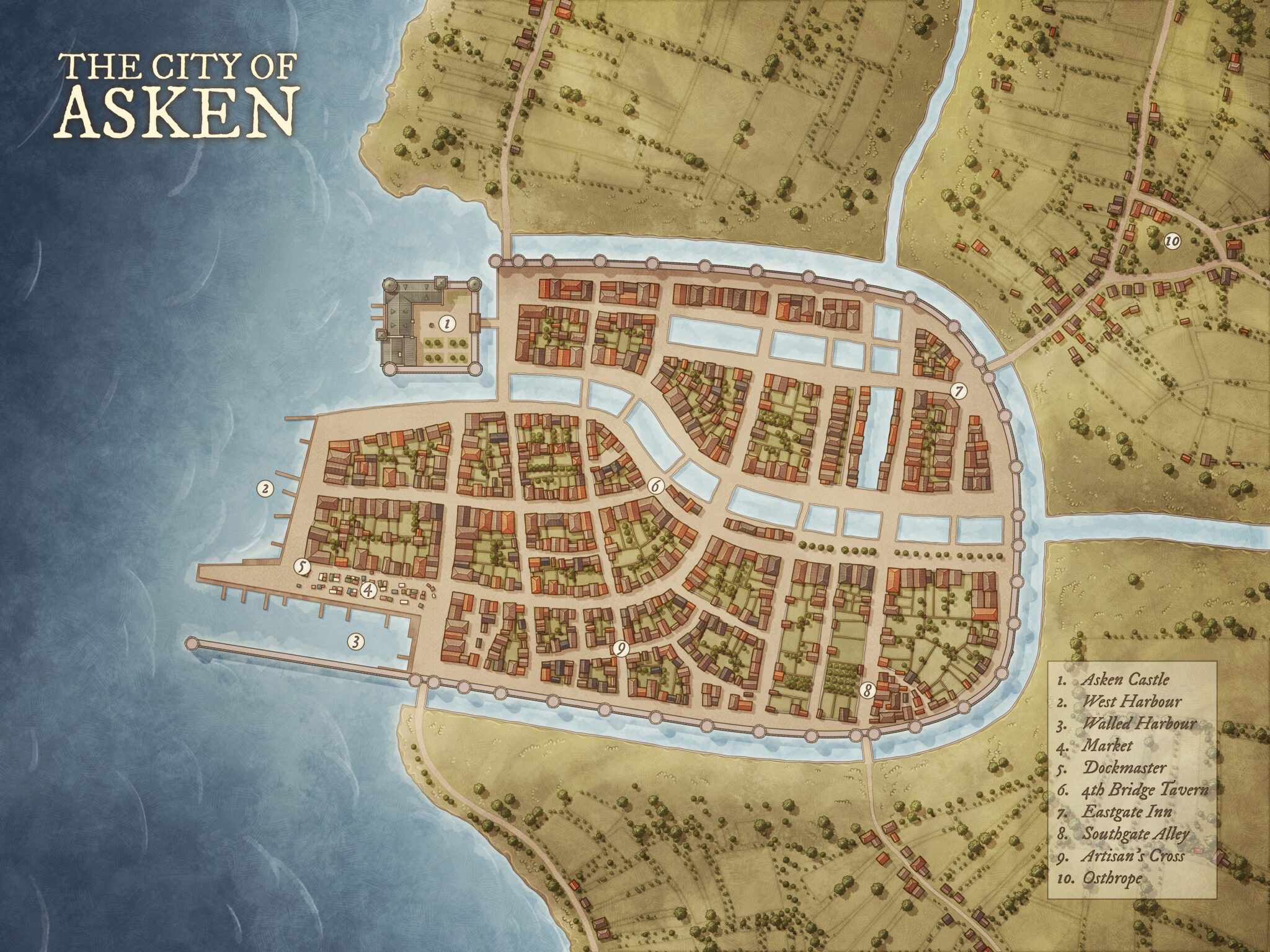 Medieval-inspired fantasy city map of Asken, nestled along a canal system with a central castle and marketplaces. Perfect for political drama, merchant guilds, and harbor mysteries.