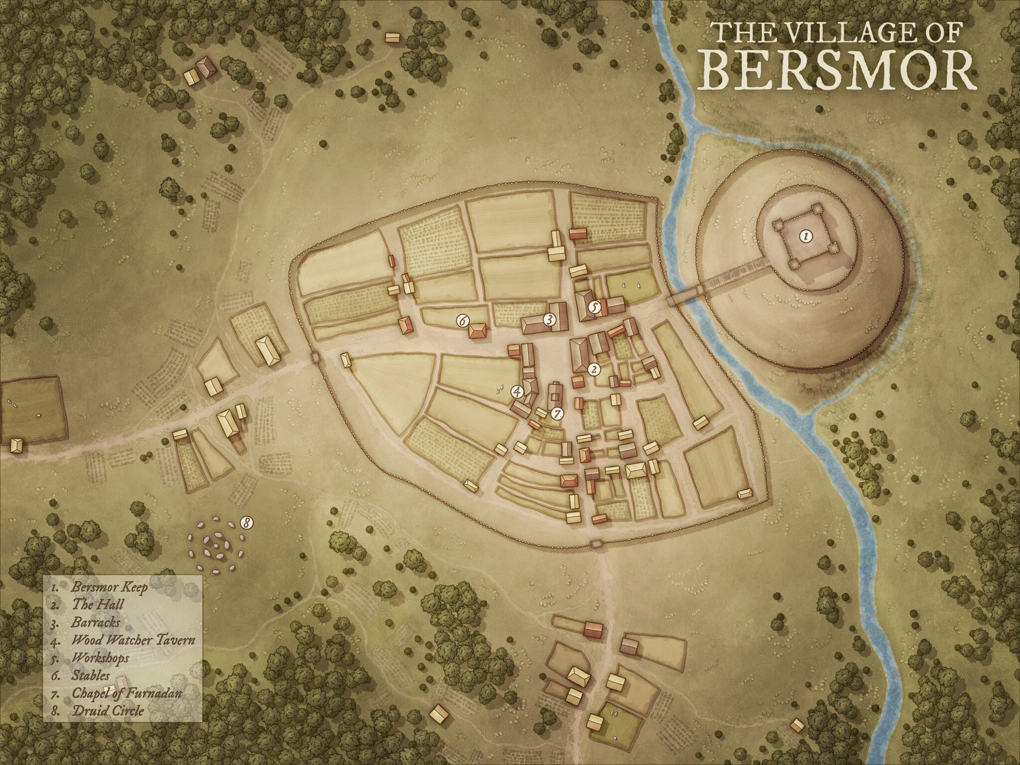 Rural fantasy village map of Bersmor, with fields, a motte-and-bailey keep, and a nearby druid circle. Great for pastoral campaigns, ancient rituals, or village defense.
