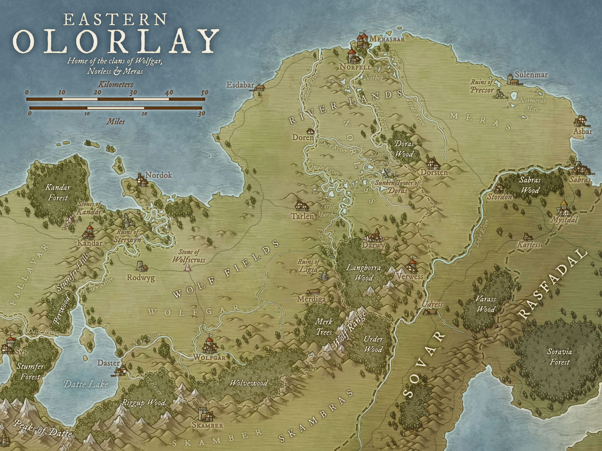 Fantasy regional map of Eastern Olorlay, home to highland clans and forest strongholds. Great for tribal sagas, lost ruins, and cross-border tensions in a rugged land.