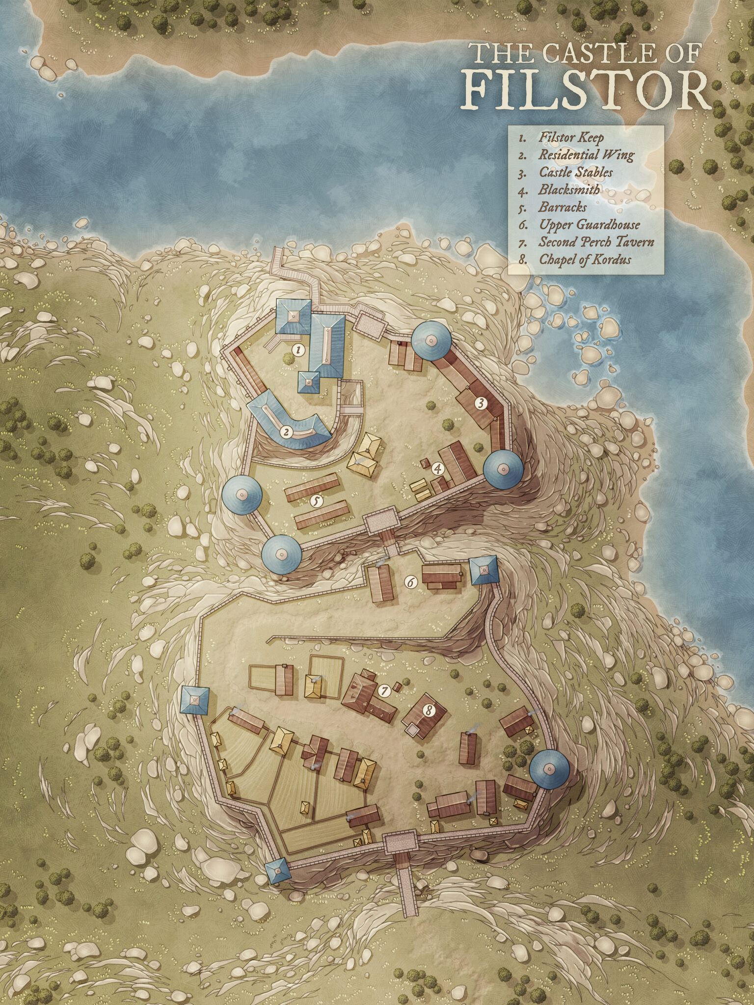 Hilltop fantasy castle map with tiered fortifications and coastal views. Excellent for siege scenarios, noble drama, and arcane secrets locked behind ancient walls.