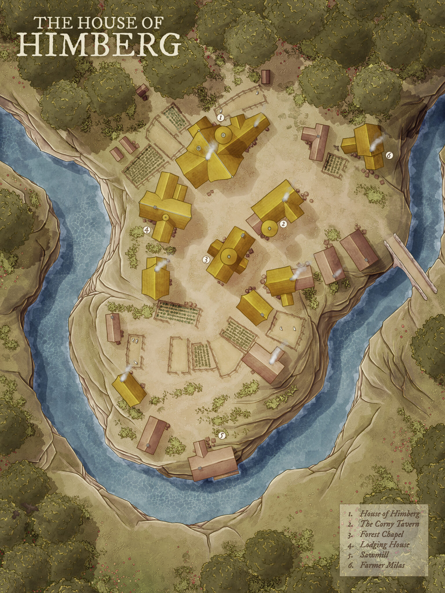 Illustrated village map of Himberg nestled between rivers, showcasing a tavern, chapel, sawmill, and homes, ideal for rural fantasy adventures.