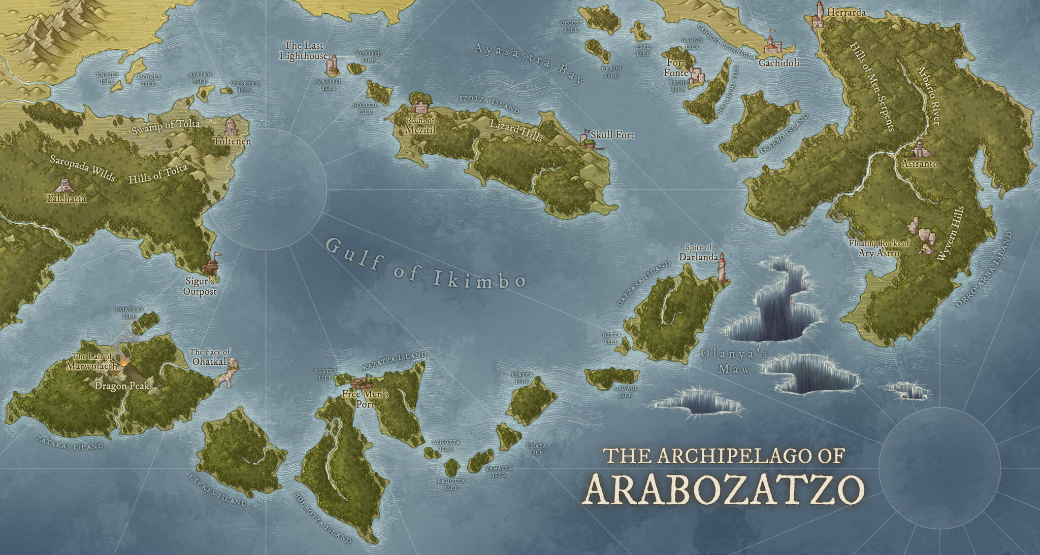 Colorful fantasy map of Arabozatzo’s island chain with labeled forts, ruins, and mysterious locations like the Floating Rock of Ary Astro and the Face of Ohatkal.