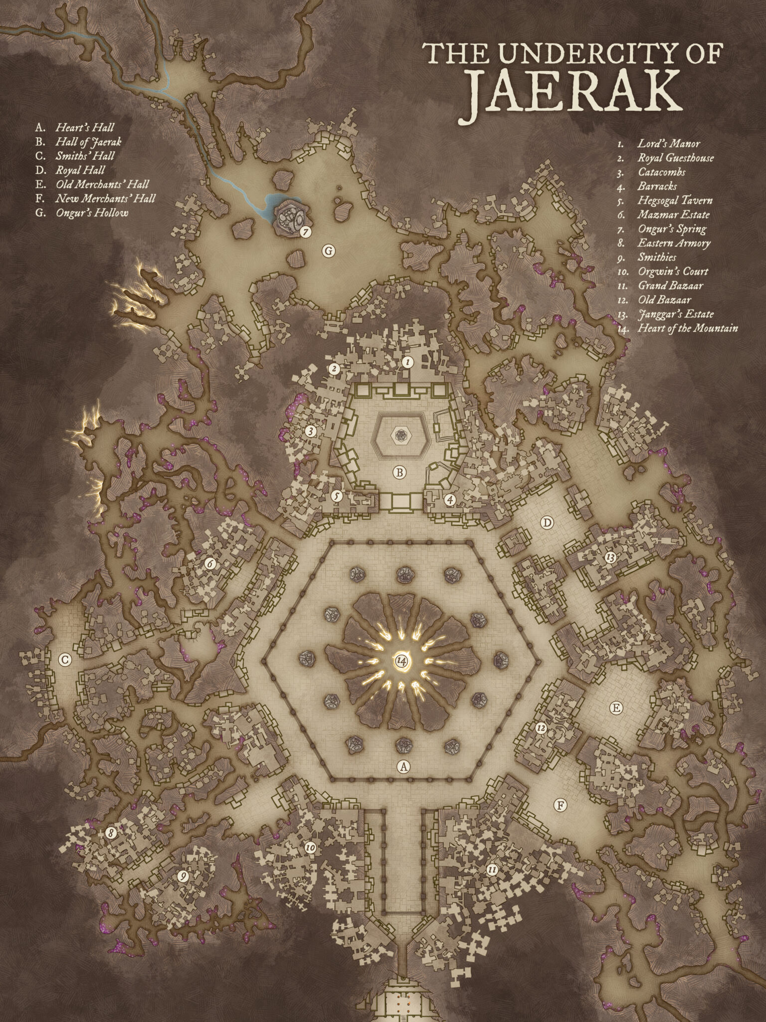 Intricate map of the Dwarven Undercity of Jaerak, showing halls, markets, armories, and the Heart of the Mountain – perfect for deep fantasy adventures.