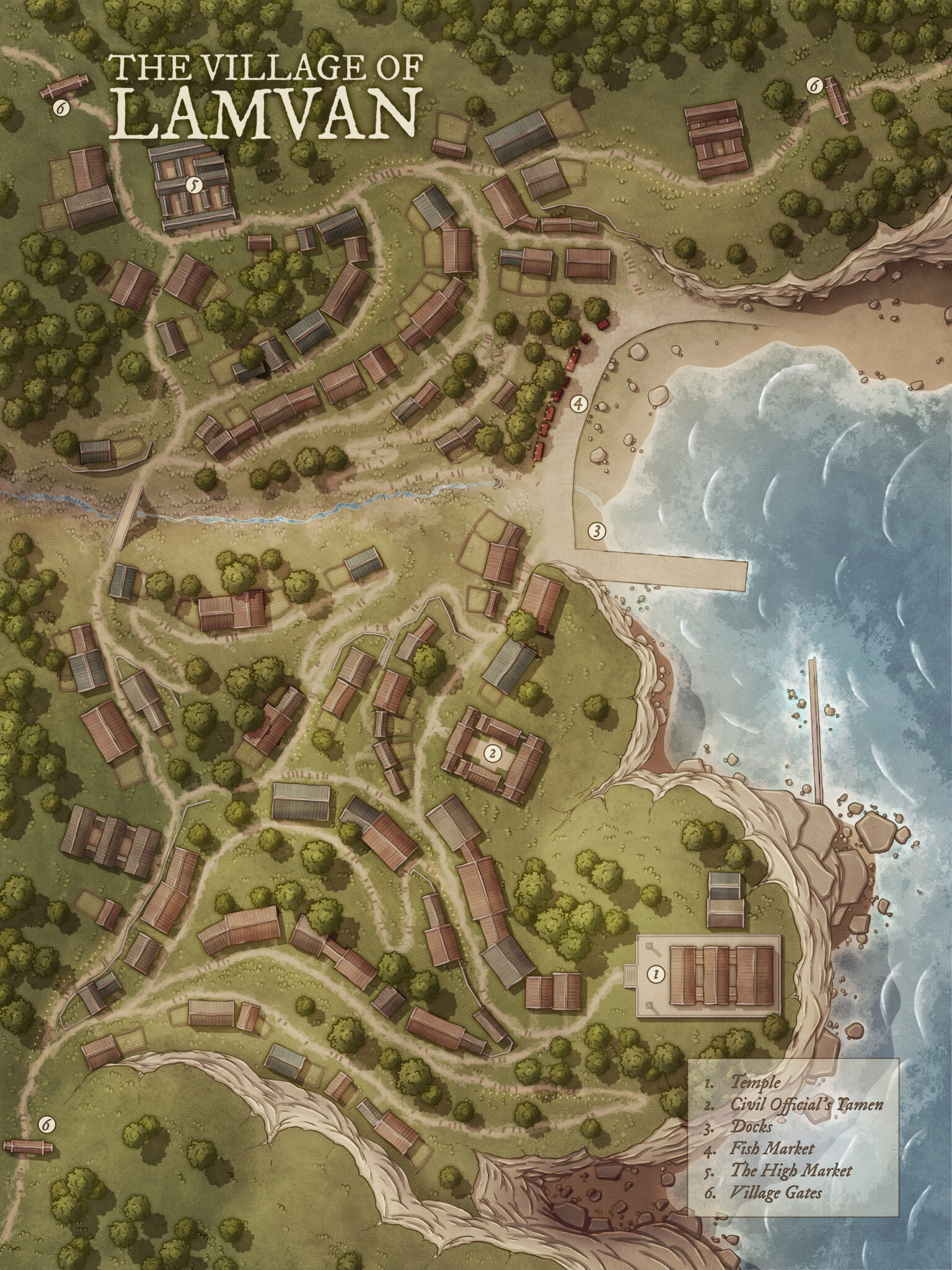 Illustrated coastal map of Lamvan village with winding roads, forested surroundings, docks, markets, and a civil official’s estate – ideal for seaside roleplaying adventures.