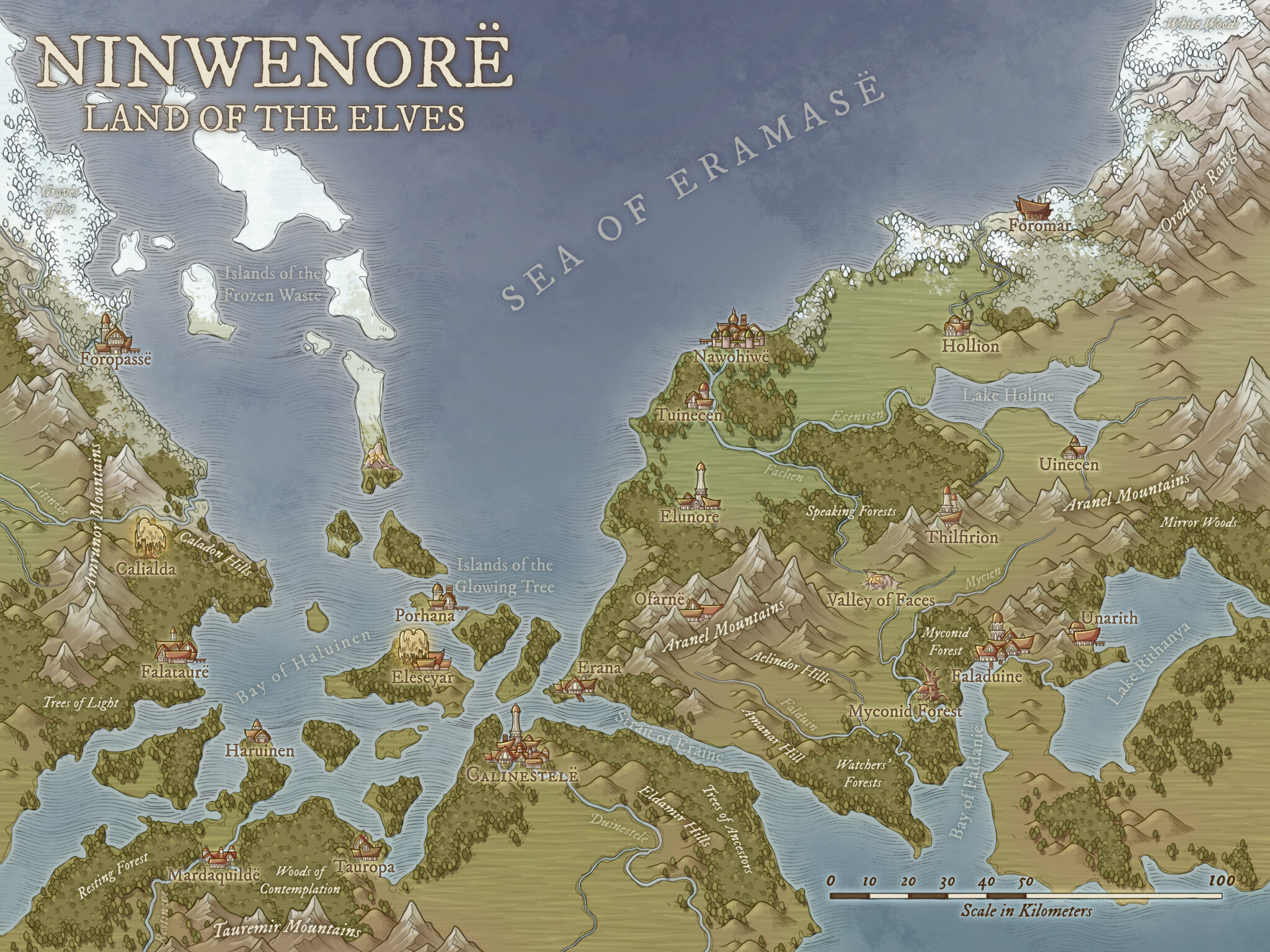 High fantasy elven continent map of Ninwenorë, showing glowing forests, crystalline cities, and mountain sanctuaries. Perfect for elven kingdoms, magic wars, and quests through ancient woods.