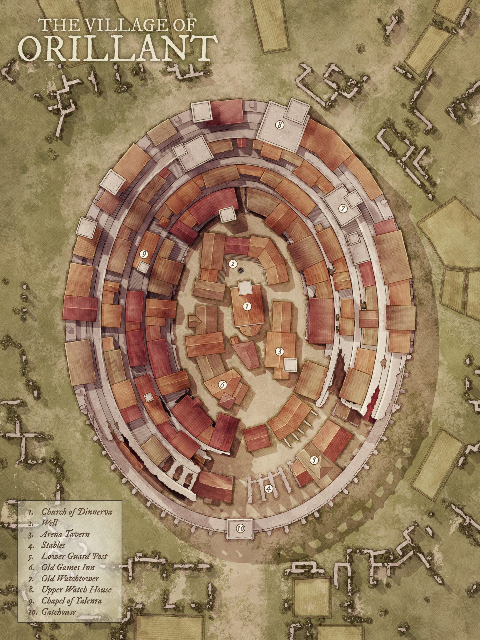 Top-down illustrated map of Orillant, a circular walled village with watch houses, guard posts, and taverns – perfect for arena-centered or urban fantasy stories.
