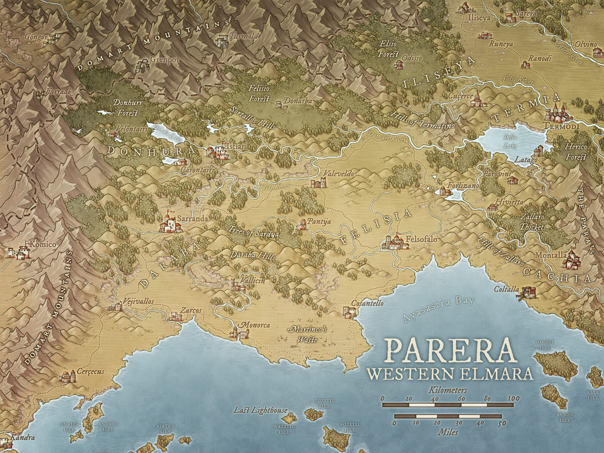 Expansive political fantasy map of Parera and Western Elmara, highlighting cities, forests, lakes, and major regions like Felisia, Caghia, and Termia.