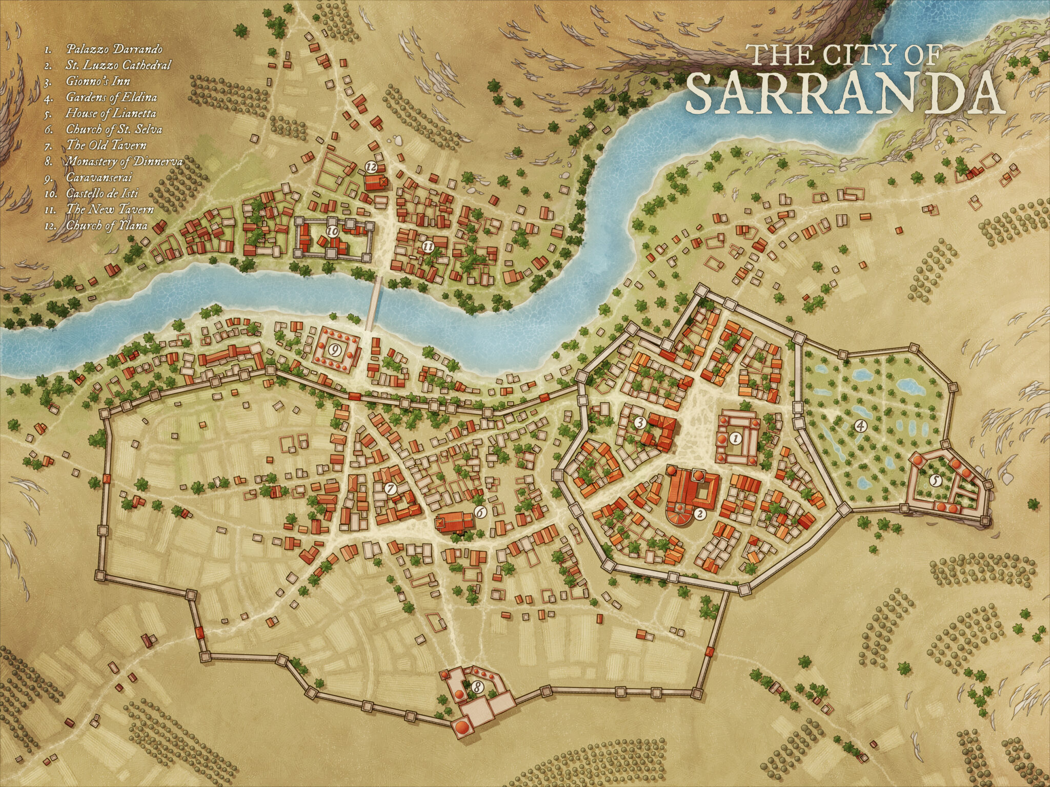 Intricate city map of Sarranda, with riverside fortifications, gardens, temples, and districts marked for politics and mystery – perfect setting for urban fantasy adventures.