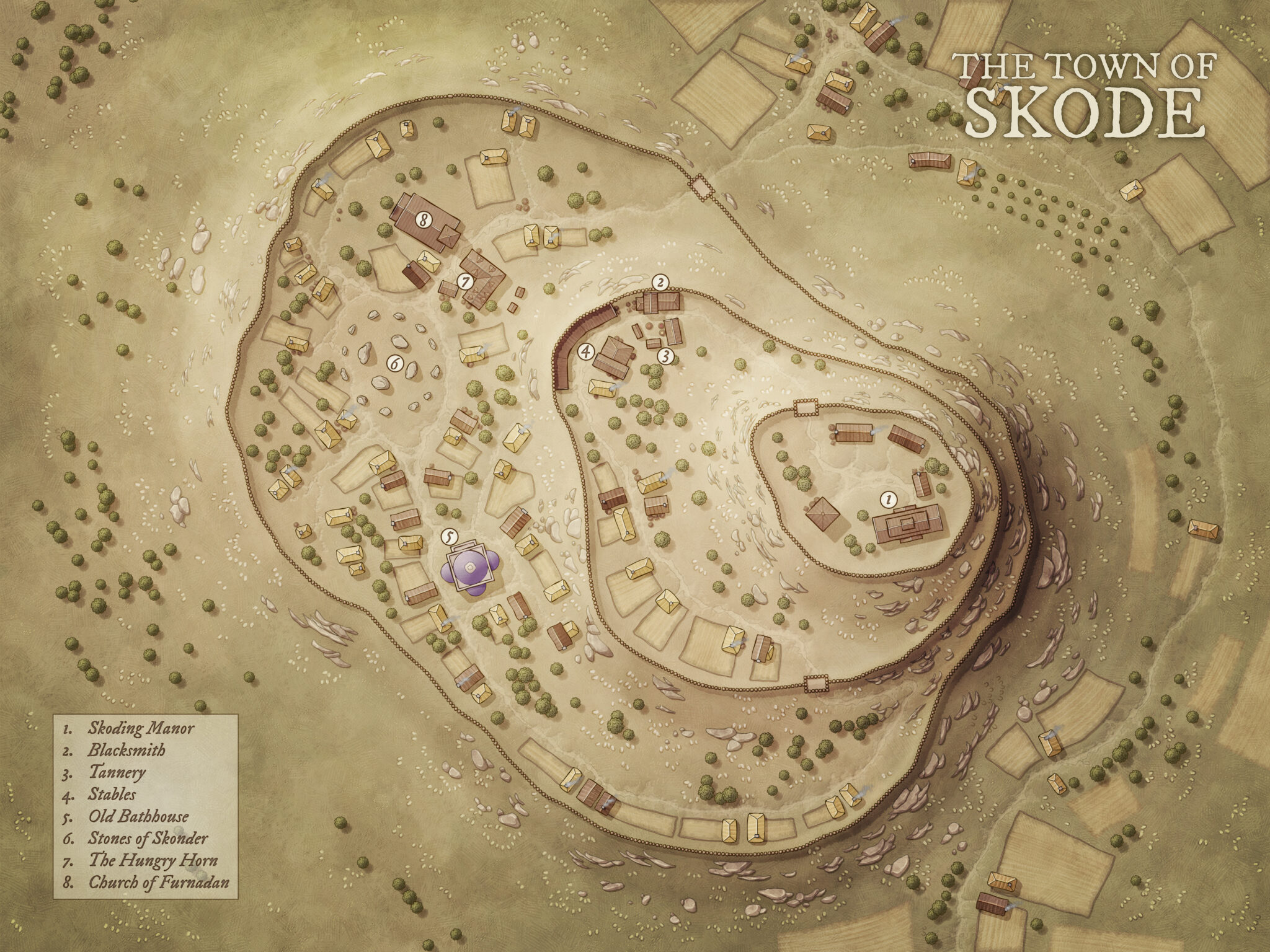 Desert town of Skode shown in daylight. Tiered layout includes Shedding Manor, a bathhouse, and sacred stones. Ideal for arid region campaigns or historical quests in ancient hilltop settlements.