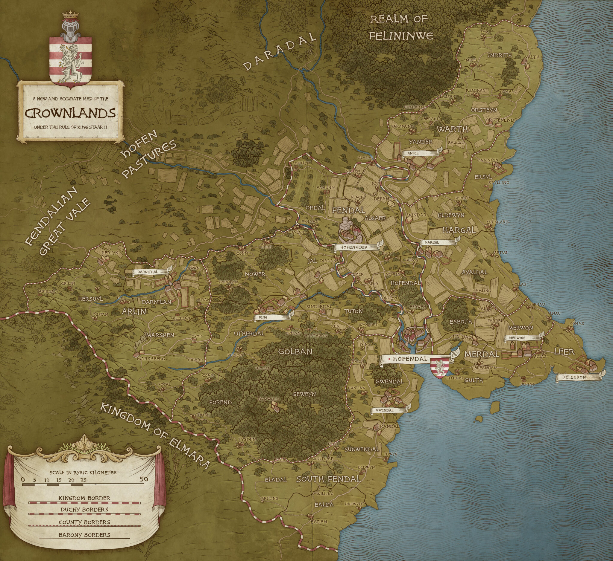 Detailed illustrated map of the Crownlands showing dukedoms, baronies, and major cities like Hofendal, Fendal, and Merdal – perfect for worldbuilding and RPG campaign planning.