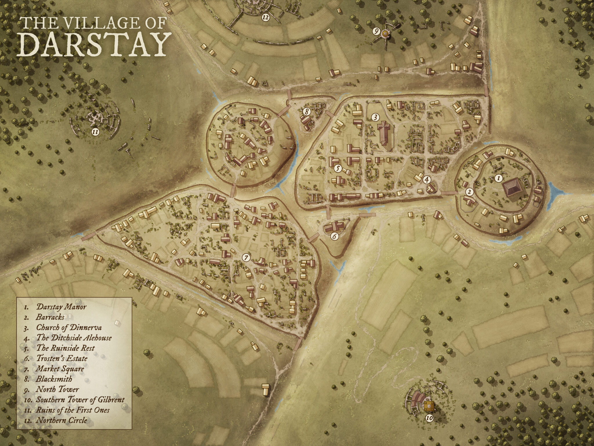 Top-down map of Darstay, a fantasy village with circular keeps, market square, ancient ruins, and notable locations for use in tabletop RPG sessions.